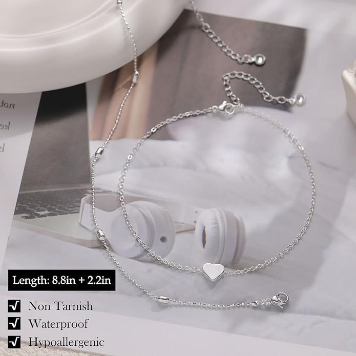 FUNEIA Gold Silver Ankle Bracelets for Women Waterproof 14K Gold Plated Anklets for Women Non Tarnish Dainty Layered Beaded Heart Anklet Set Summer Beach Foot Chain Jewelry Gifts Trendy Stuff