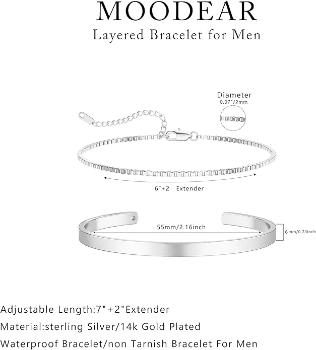Moodear Stackable Bracelets for Men - Dainty 925 Sterling Silver/14K Gold Plated Cuff Snake Box Cuban Link Chain Bangle Bracelet Set Mens Jewelry
