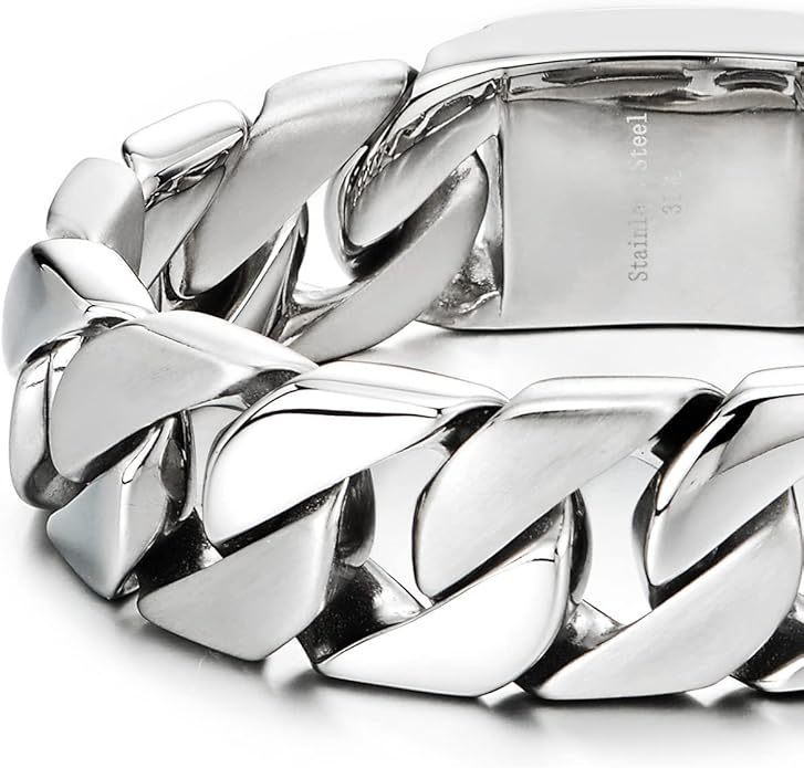 COOLSTEELANDBEYOND Mens Stainless Steel Large Curb Chain Link Bracelet Solid Curb Chain Wristband Biker Punk Jewelry Masculine Accessory