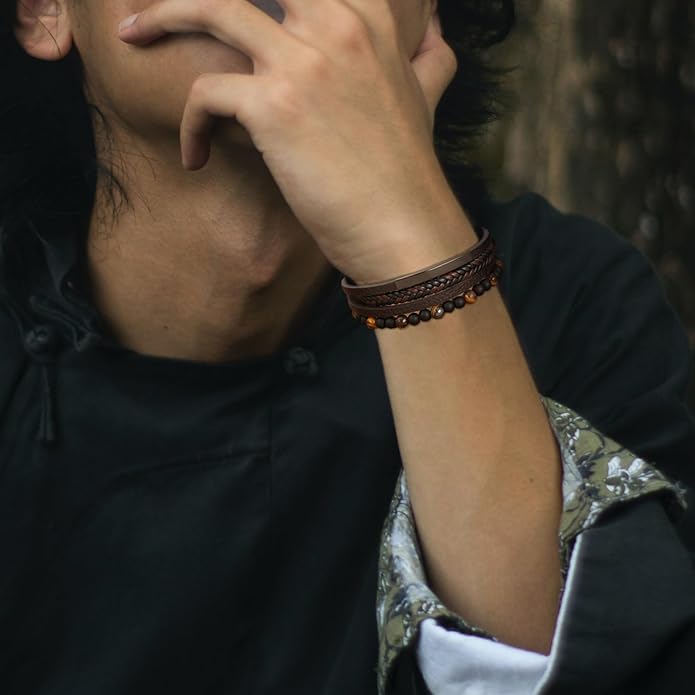 Mens Tiger Eye Matee Black Onyx Lava Rock Volcanic Stone Beaded Bracelet, Black Braided Leather Bracelet for Men