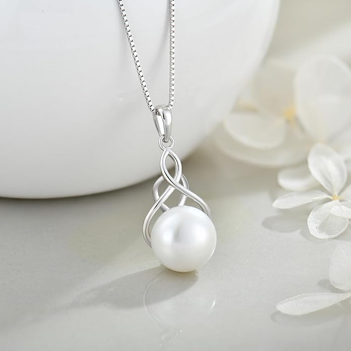 Veshon Celtic Infinity Pearl Pendant Necklace for Women, 925 Sterling Silver Good Luck Irish Pendant with 10MM Freshwater Cultured Pearl, White/Rose/ 14K Gold Plated Jewelry Gift