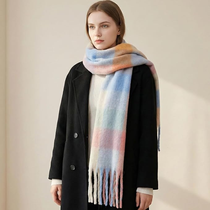 SHOHOKU Large Chunky Plaid Scarf Coloured Checked Oversized Scarf Tassel Soft Fall Winter Thick Warm Shawl Women