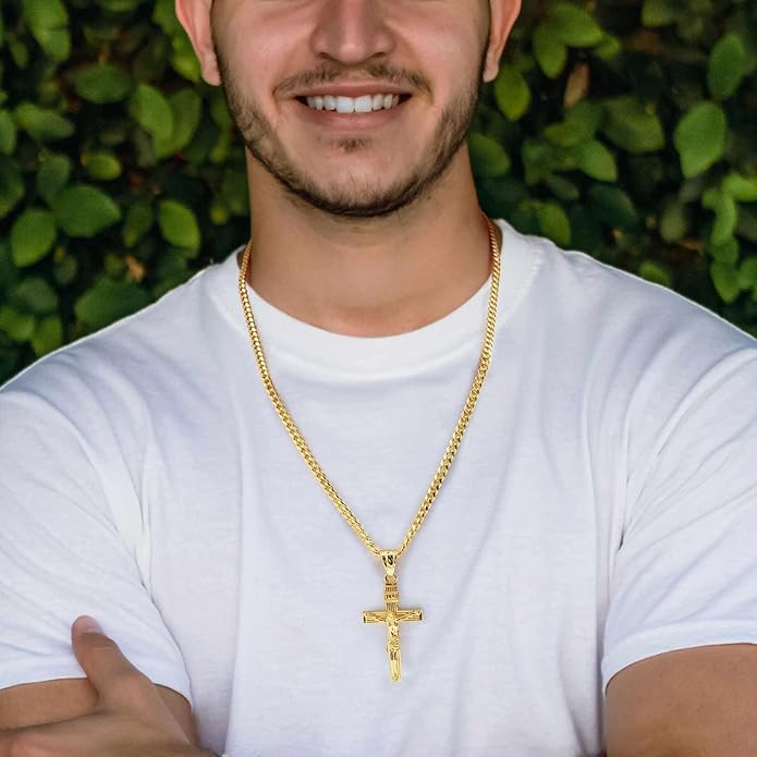 Gold Cross Necklace for Men 14K Gold Cross Necklace for Men Crosses Chain Necklaces for Mens Paired with 4.3mm Cuban Chain Crucifix Pendant Mens Crosses Necklaces 20/22/24in