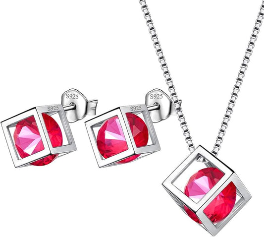 Aurora Tears Birthstone Necklace/Earring 925 Sterling Silver Women Cross/3D Cube/Cresent Moon Birth Stone Jewelry Mens Birthday Gift Anniversary Present