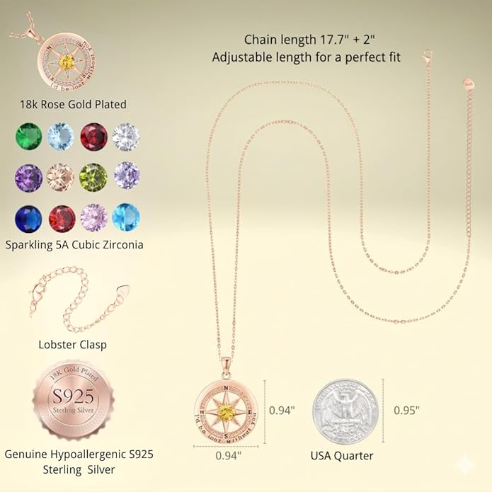 Compass Necklace for Women Wife Girlfriend Mom Daughter Gifts S925 Silver Jewelry For Anniversary Rose Gold Gifts For Birthday Christmas Mothers Valentines Day 12 Birthstones