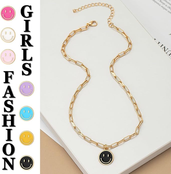 Smile Pendant Necklace Smile Face Chain Necklace Paperclip Necklace Cute Round Pendant Necklace Preppy Jewelry for Women Girls