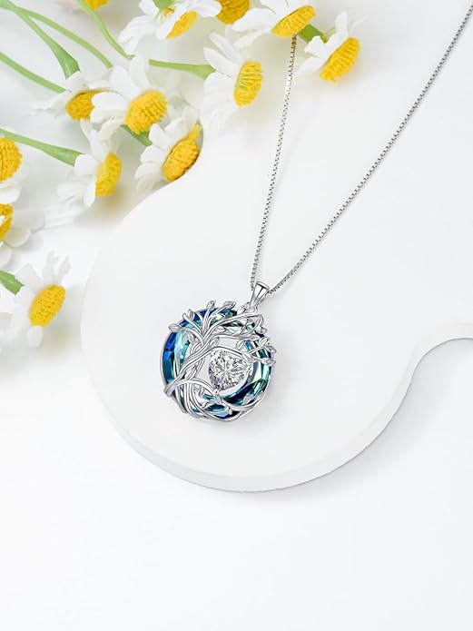 TOUPOP Christmas Gifts Tree of Life Birthstone Necklace 925 Sterling Silver Pendant Austrian Crystal Jewelry Anniversary Birthday Gifts for Women Mom Her Wife