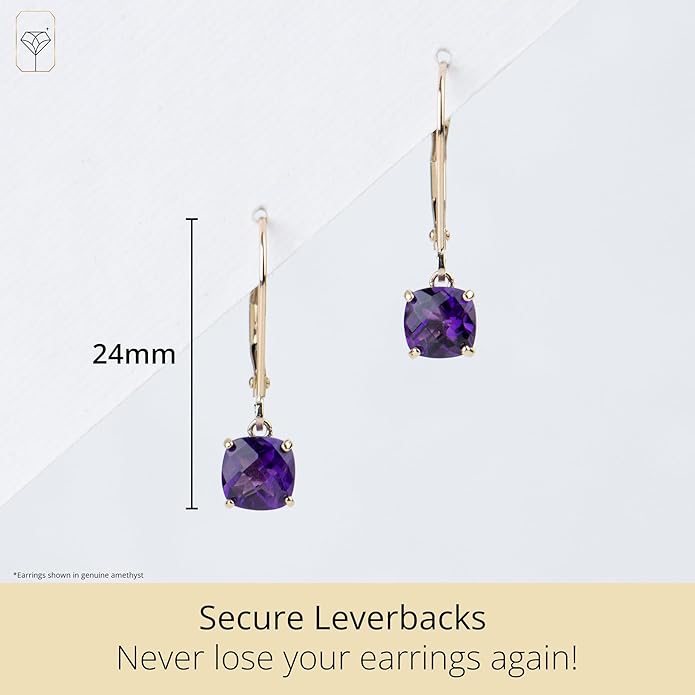 Solid 10K Gold Cushion Cut Dangle Gemstone Earrings for Women | 6mm Gemstone Birthstone Earrings | Checkerboard 10 Karat Gold Dangle Drop Leverback Earring for Women by MAX + STONE