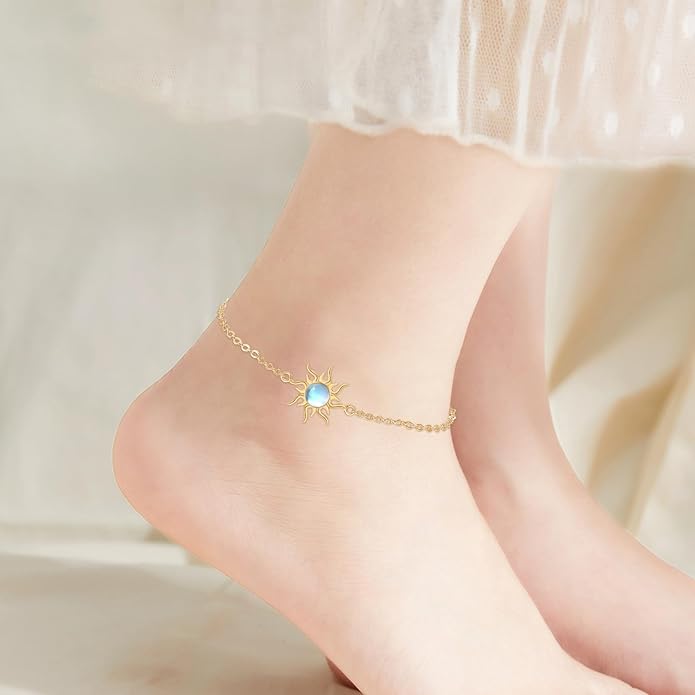 Sun Bracelet/Anklet 925 Sterling Silver Moonstone Star Sunburst Adjustable Ankle Bracelet Star Celestial Jewelry for Women Daughter Friend Sister