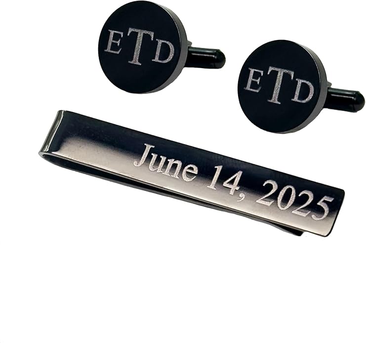 Custom Cuff Links & Personalized Tie Clip Gift Set for Men • Engraved Monogram, Date, Handwriting, Crest, Logo • Father's Day Gift for Dad • Gold, Silver, Black