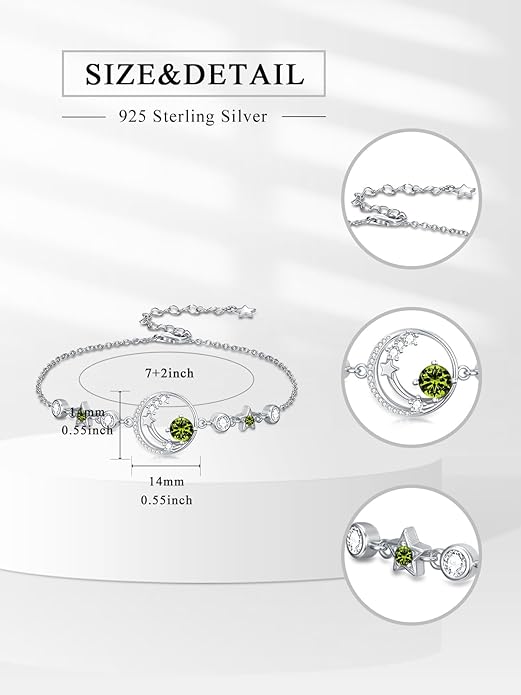 Moon and Star Birthstone Charm Link Bracelet 925 Sterling Silver Moon and Star Bracelet with 12 Months Birthstone Birthday Jewelry Gifts for Women Mom Her,Chain Length 7"+2" Extend