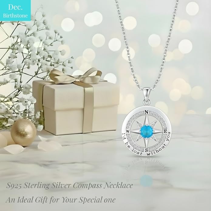 Compass Necklace for Women Wife Girlfriend Mom Daughter Gifts S925 Silver Jewelry For Anniversary Rose Gold Gifts For Birthday Christmas Mothers Valentines Day 12 Birthstones