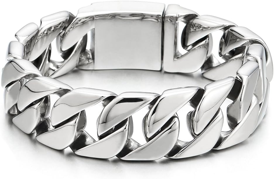 COOLSTEELANDBEYOND Mens Stainless Steel Large Curb Chain Link Bracelet Solid Curb Chain Wristband Biker Punk Jewelry Masculine Accessory