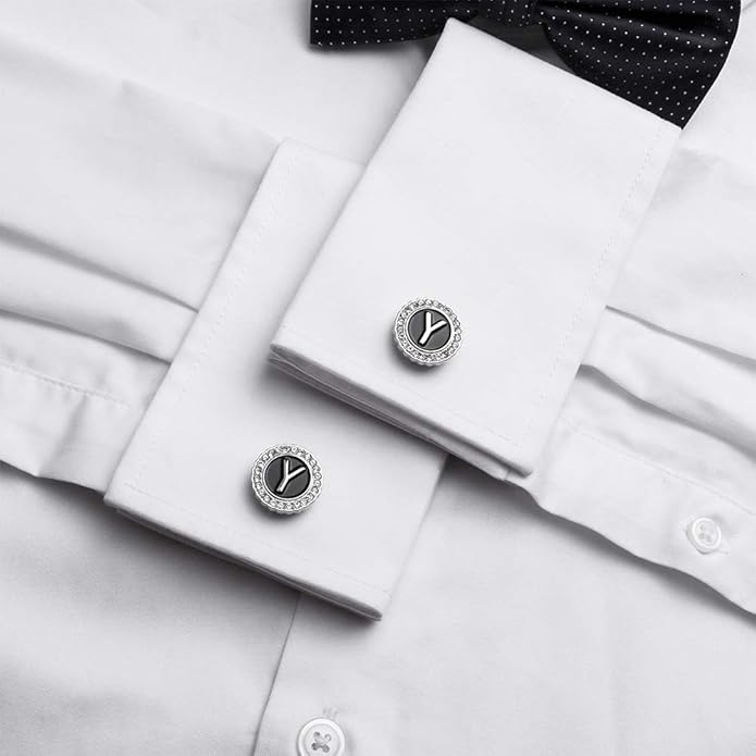 HAWSON A-Z Initial Cufflinks for Men and Women with Clear Crystal, Gold Silver Color Rasied Letter A-Z Cuff Links for French Shirt, Gift for Normal and Business Wearing