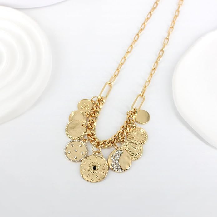 Charm Necklace for Women Gold Plated Chunky Evil Eye Sun Moon Flower Coin Pendant Dainty Handmade Paperclip Chain Necklace Jewelry for Women