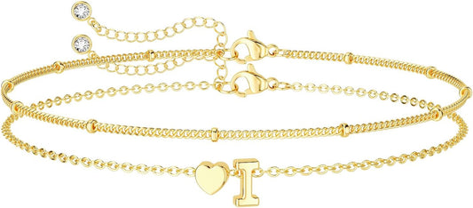 DEARMAY Dainty Initial Heart 14K Gold Plated Bracelets for Women Trendy, Letter Charm Bracelet Jewelry Cute Simple Fashion Chain Gift