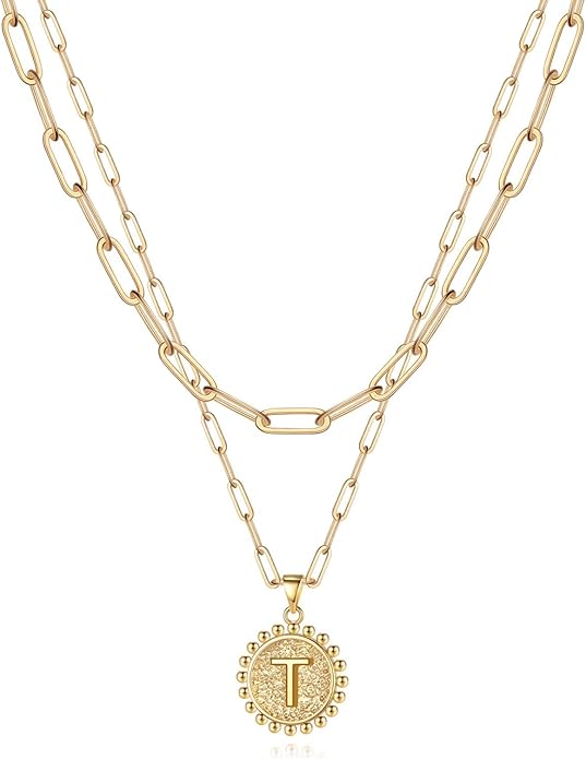Yoosteel Gold Initial Necklaces for Women, 14K Gold Plated Dainty Layering Paperclip Link Chain Necklace Coin Initial Layered Necklaces for Women Personalized Birthday Gifts