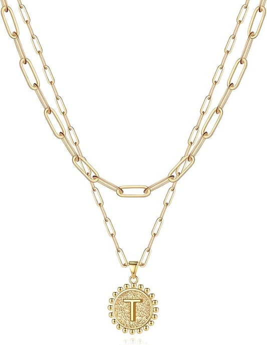 Yoosteel Gold Initial Necklaces for Women, 14K Gold Plated Dainty Layering Paperclip Link Chain Necklace Coin Initial Layered Necklaces for Women Personalized Birthday Gifts