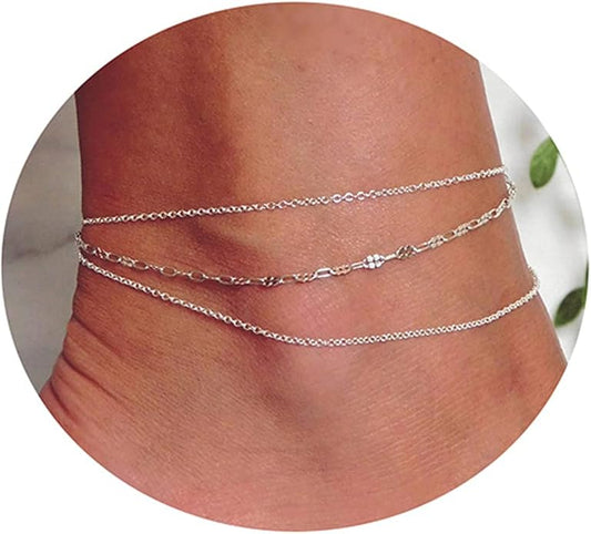 Pencros Dainty Layered Anklet,14K Gold Filled Cute Beads Satellite Chain Heart Boho Adjustable Anklets for Women