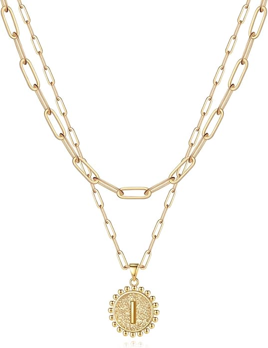 Yoosteel Gold Initial Necklaces for Women, 14K Gold Plated Dainty Layering Paperclip Link Chain Necklace Coin Initial Layered Necklaces for Women Personalized Birthday Gifts