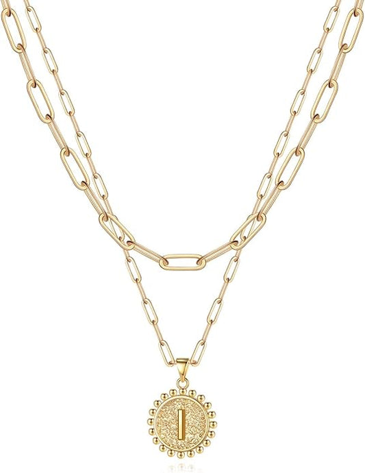 Yoosteel Gold Initial Necklaces for Women, 14K Gold Plated Dainty Layering Paperclip Link Chain Necklace Coin Initial Layered Necklaces for Women Personalized Birthday Gifts