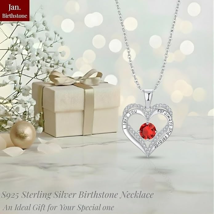 Birthstone Heart Necklace for Women Wife Girlfriend Mom Daughter Gifts S925 Silver Jewelry For Anniversary Rose Gold Gifts For Birthday Christmas Mothers Valentines Day