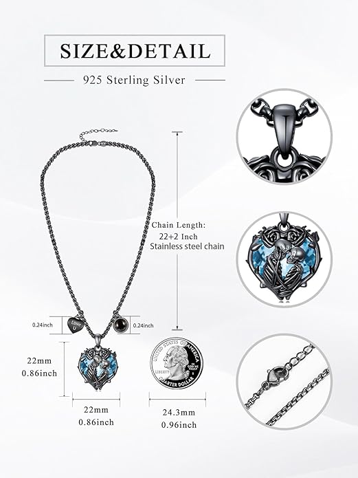 Flpruy 925 Sterling Silver Black Gothic Jewelry Gifts Skeleton Couple Pendant Crystal Birthstone Heart Necklace Punk Romantic Jewelry for Lover Men Women