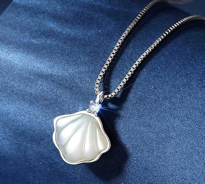 Mother of Pearl Fan Pendant Necklace -Sterling Silver Necklace, Size 16 Inch, Dainty Ocean-Inspired Jewelry for Women, Perfect for Daily Wear and Gifting