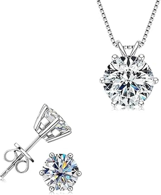 925 Sterling Silver Moissanite Jewelry Set - Classic European Design Necklace Earrings Set with Round Cut Moissanite Pendant - Adjustable Chain - Gift Box