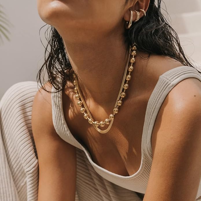 Statement Gold Beads Necklace for Women Vintage Gold Beaded Strand Chain Necklace Fashion Jewelry for Women