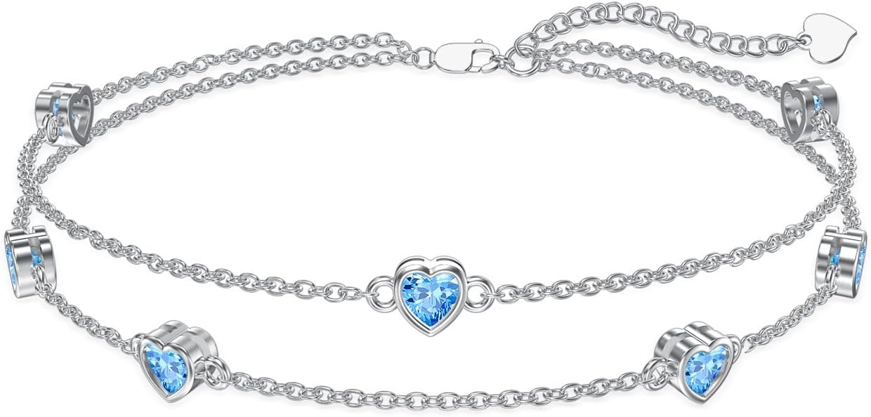 Dorunmo Heart Birthstone Anklet Bracelets for Women 925 Sterling Silver Birthday Jewelry Best Mother's Day for Women Wife