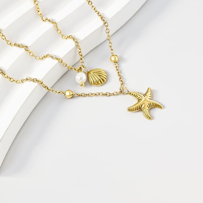 Shell Necklace for Women,14k Gold Plated Layered Starfish Conch SeaShell Pearl Pendant Charm Necklace,Non Tarnish Adjustable Stainless Steel Chain Stack Jewerly for Summer Beach Vacation