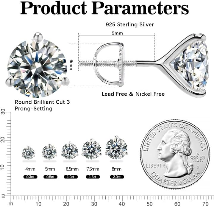 Moissanite Earrings for Men Women,VVS1 Clarity D Color 0.3-2ct,925 Sterling Silver Hypoallergenic Screw Back,Ideal Gift for Wedding Birthday Anniversary Valentine's Day