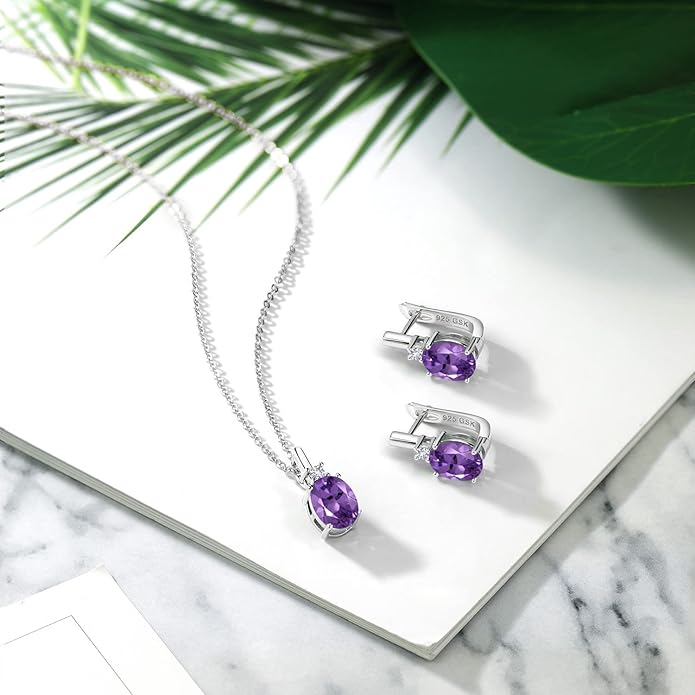 Gemstone Birthstone and White Created Sapphire Pendant and Earrings Jewelry Set for Women in 925 Sterling Silver | Oval 8X6MM and Round 2.5MM | With 18 Inch Chain | Fine Jewelry for Her Mom Women Wife