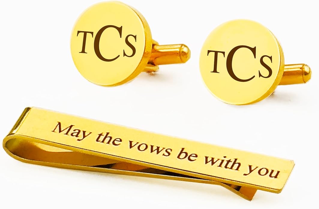 Custom Cuff Links & Personalized Tie Clip Gift Set for Men • Engraved Monogram, Date, Handwriting, Crest, Logo • Father's Day Gift for Dad • Gold, Silver, Black