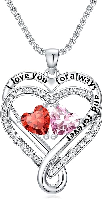 I Love You for Awlays and Forever Double Heart Necklace with Birthstone, 2 Birth Stone Jewelry Anniversary Valentines Mothers Day Christmas Birthday Gifts for Women Her Wife Girlfriend Mom Mother