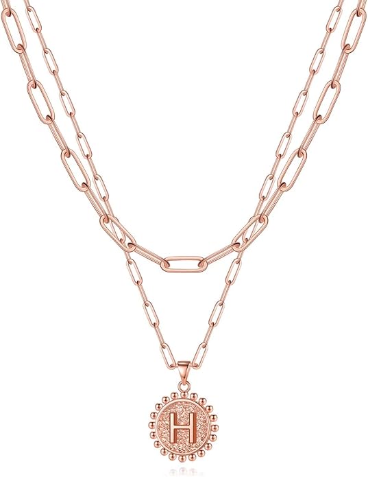 Yoosteel Gold Initial Necklaces for Women, 14K Gold Plated Dainty Layering Paperclip Link Chain Necklace Coin Initial Layered Necklaces for Women Personalized Birthday Gifts
