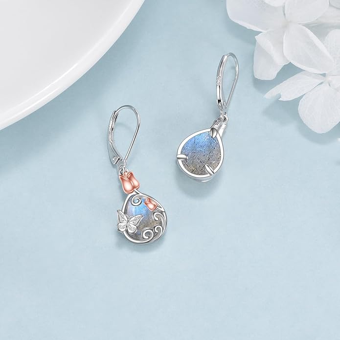 AOBOCO Butterfly/Dragonfly/Bee/Ladybug Leverback Earrings 925 Sterling Silver Rose Lotus Tulip Flower Filigree Dangle Earrings Teardrop Moonstone Larimar Turquoise Abalone Shell Jewelry Birthday Gifts for Women
