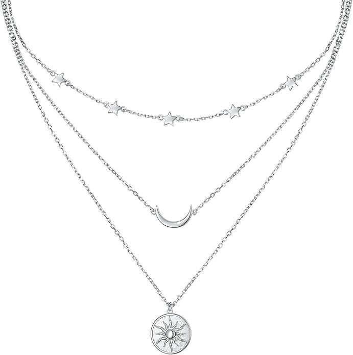 S925 Sterling Silver Layered Necklaces Multi 3 Layer Circle Bar Boho Long Triple Choker Pendant Necklace Jewerly Gift for Women