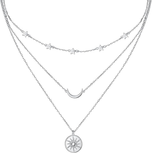 S925 Sterling Silver Layered Necklaces Multi 3 Layer Circle Bar Boho Long Triple Choker Pendant Necklace Jewerly Gift for Women