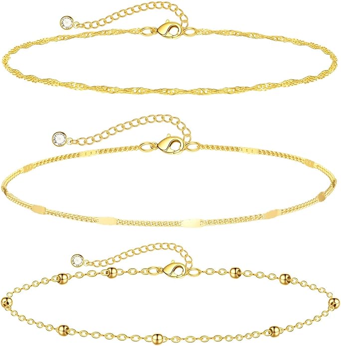 2/3 PCS Gold Anklets for Women Waterproof Cuban Link Anklet Beaded Bracelets Stackable Bracelets 14K Gold Plated Custom Jewelry Gifts Non Tarnish Lightweight