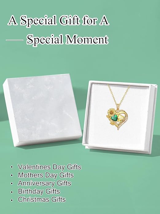 Sunflower Heart Necklace for Women 14K Gold Exquisite Anniversary Birthday Gifts for Wife Mother Her Double Birthstone Pendant jewelry‘You Are My Sunshine’