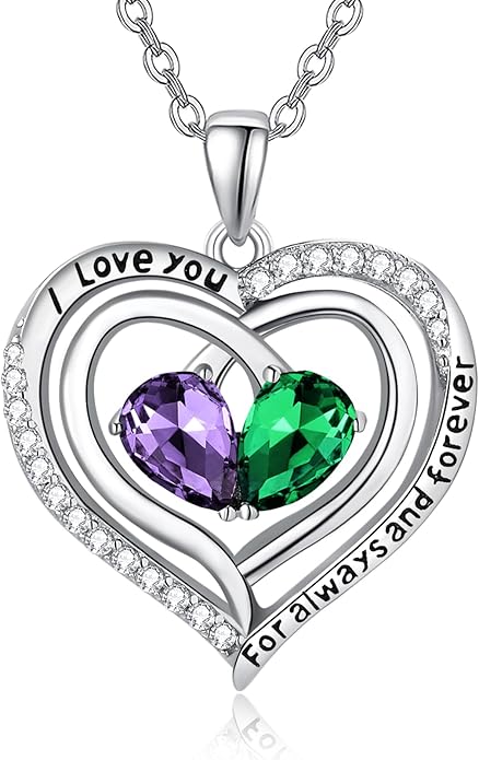 Zeuslia Double Birthstone Necklace Gifts for Wife - 925 Sterling Silver Sunflower/Rose/Crown Cross/Compass/Heart Pendant I Love You Necklace, Anniversary Birthday Gifts for Wife Girlfriend Mom Her
