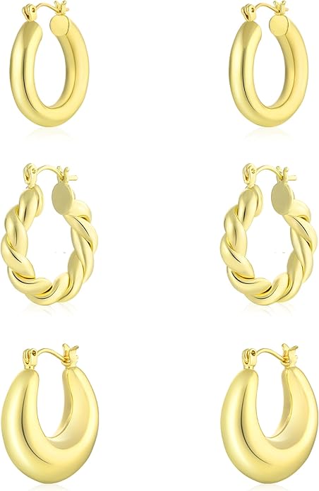 WGOUD 3Pairs 14K Gold Plated Chunky Hoop Earrings Set for Women, Trendy Hoop Earring 925 Sterling Silver Post - Hypoallergenic Thick Lightweight Twisted Hoops Dainty Gold Earrings for Women Jewelry Gifts