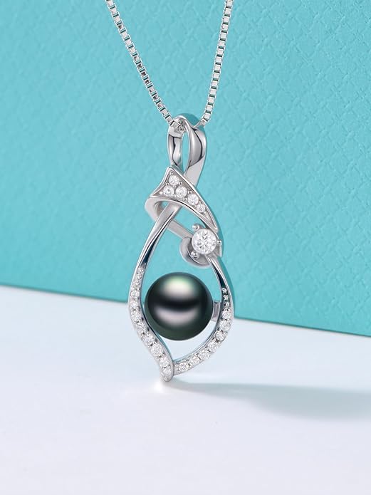 KANNSOAR Tahitian Black Pearl AAAA 18K White Gold Plated Sterling Silver Trendy Pendant Necklace for Women Wife Mom Girlfriend Valentine Her Jewelry Gift for Anniversary Birthday