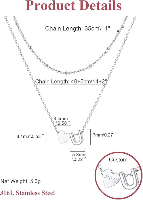 FOCALOOK Layered Initial Necklace for Women, 14K Gold Plated Choker Necklaces Stacks with Initial A-Z, Dainty Silver Heart Pendant Necklace Personalized Birthday Women Jewelry