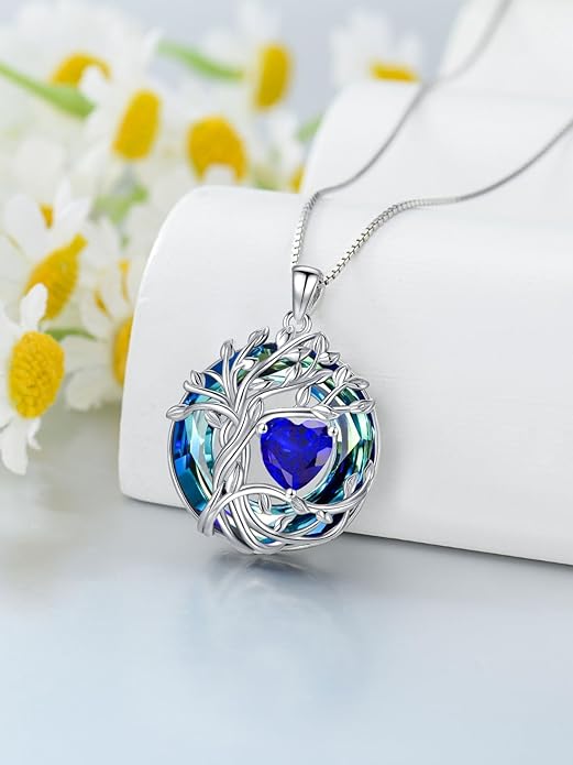 TOUPOP Christmas Gifts Tree of Life Birthstone Necklace 925 Sterling Silver Pendant Austrian Crystal Jewelry Anniversary Birthday Gifts for Women Mom Her Wife