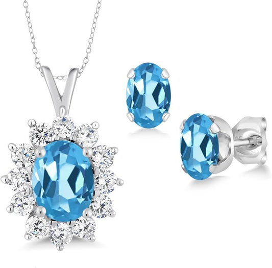 Gem Stone King 8X6MM and 6X4MM Oval Gemstone Birthstone Pendant and Earrings Jewelry Set For Women | 925 Sterling Silver | Fine Jewelry Gifts for Her Mom Women Wife | With 18 Inch Chain