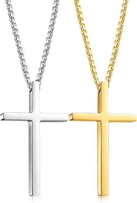 Romass 2 Pcs Cross Necklace for Men Boys,Stainless Steel Pendant Silver Black Gold Crosses Chain Jewelry Gifts Box 16-30 inches