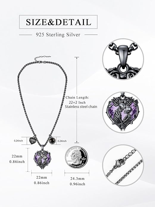Flpruy 925 Sterling Silver Black Gothic Jewelry Gifts Skeleton Couple Pendant Crystal Birthstone Heart Necklace Punk Romantic Jewelry for Lover Men Women